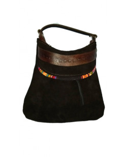  Dark brown cloth purse with leather